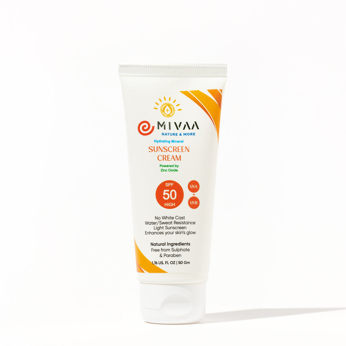 Mivaa Moisturizing Mineral Sunscreen SPF 50 with Zinc Oxide, Hyaluronic Acid, and Niacinamide in a lightweight gel texture, non-greasy, reef safe, and providing broad-spectrum protection without white cast
