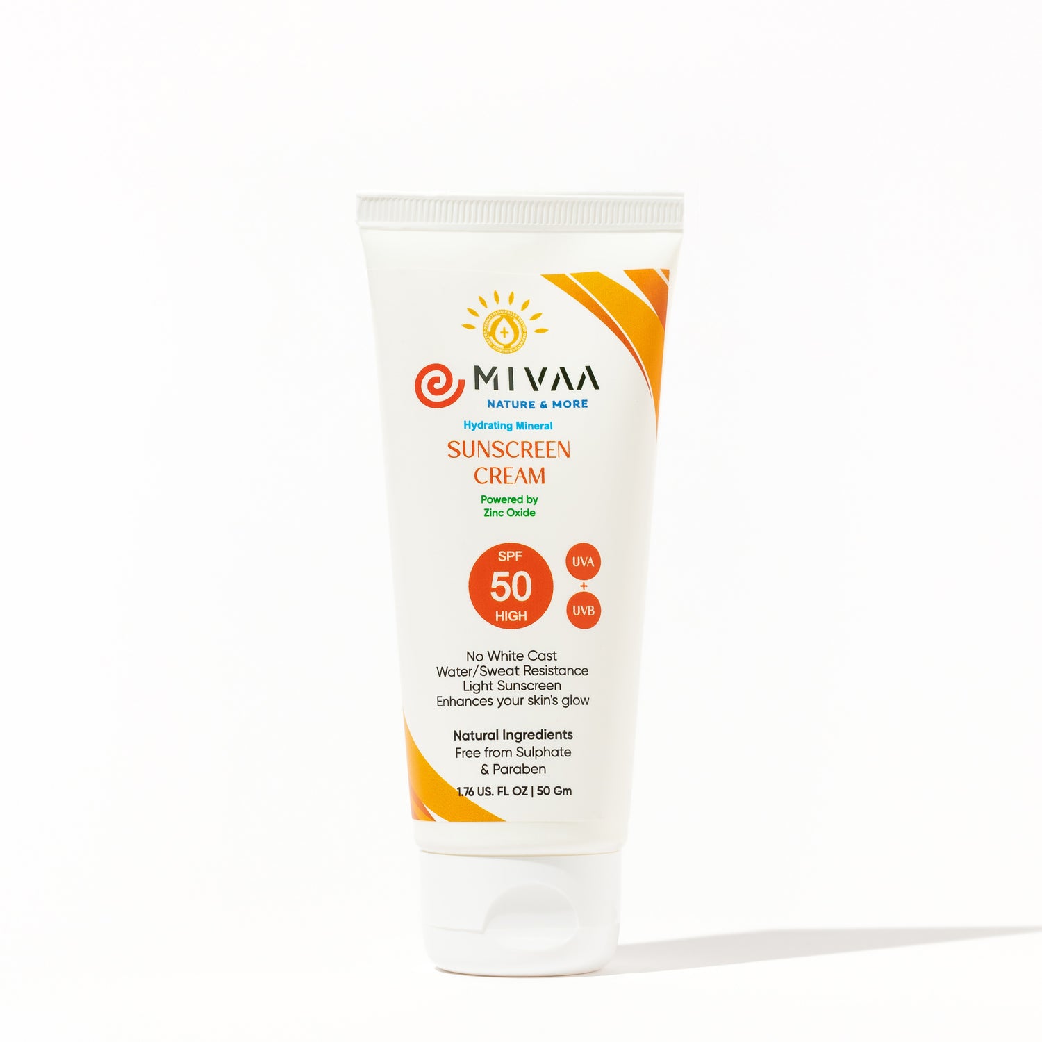 Mivaa Moisturizing Mineral Sunscreen SPF 50 with Zinc Oxide, Hyaluronic Acid, and Niacinamide in a lightweight gel texture, non-greasy, reef safe, and providing broad-spectrum protection without white cast