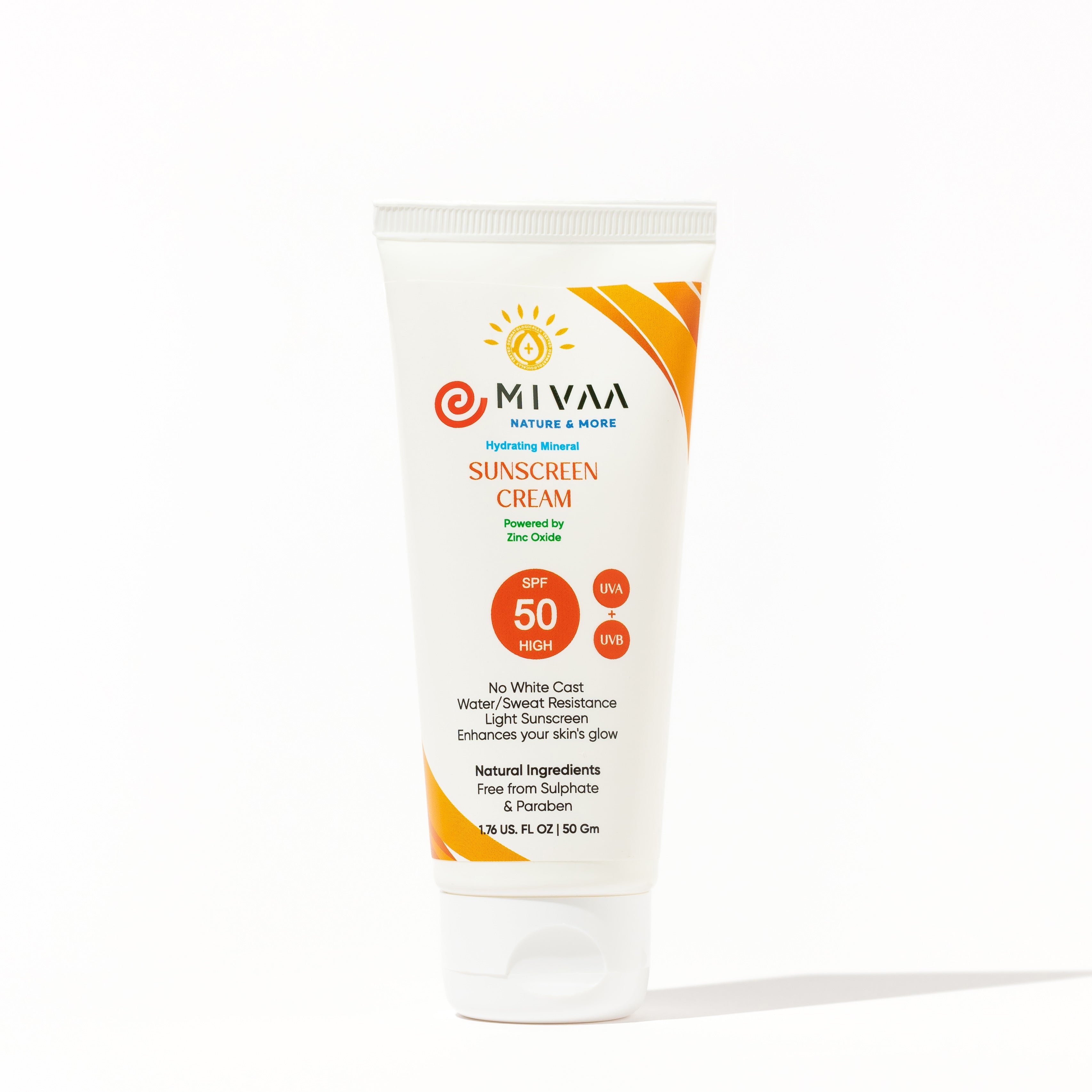 Mivaa Moisturizing Mineral Sunscreen SPF 50 with Zinc Oxide, Hyaluronic Acid, and Niacinamide in a lightweight gel texture, non-greasy, reef safe, and providing broad-spectrum protection without white cast